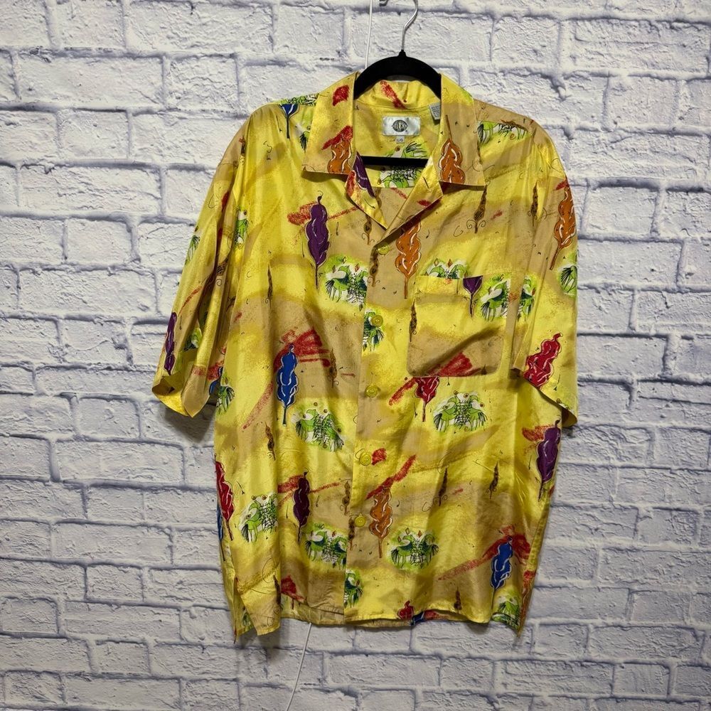 Vtg 80s Silks Shirt ButtonUp ArtDeco Geometric Oversized 100% silk size L